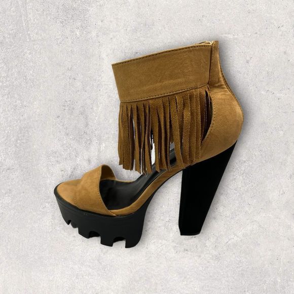Wild Diva Vive68 fringe ankle cuff high heel platforms Chestnut (Beige) Size 10 - Picture 3 of 8